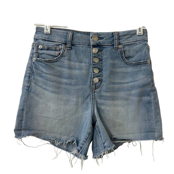 American Eagle Womens Sz 4 Curvy Hi Rise Shortie Button Fly Raw Hem Jean Shorts - Picture 1 of 7